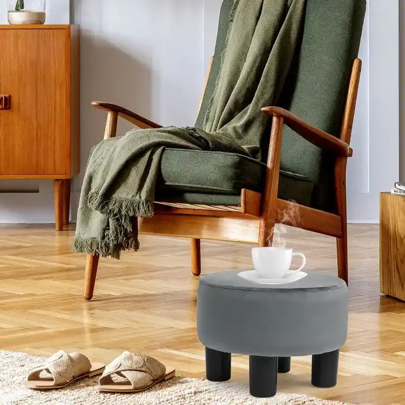 Adeco Modern Velvet Round Ottoman Footrest Stool with Padded Seat 2