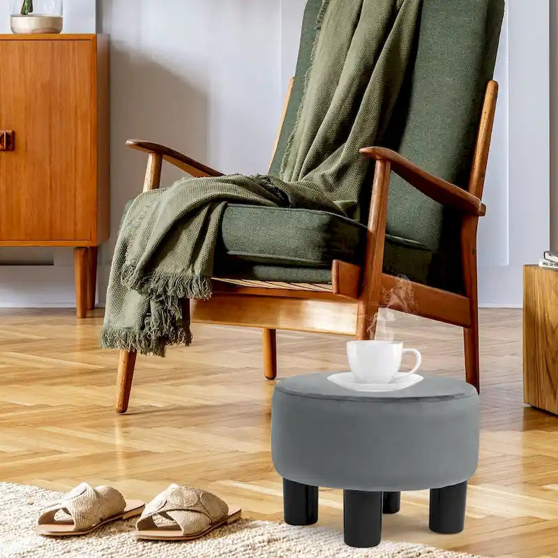 Adeco Modern Velvet Round Ottoman Footrest Stool with Padded Seat 25