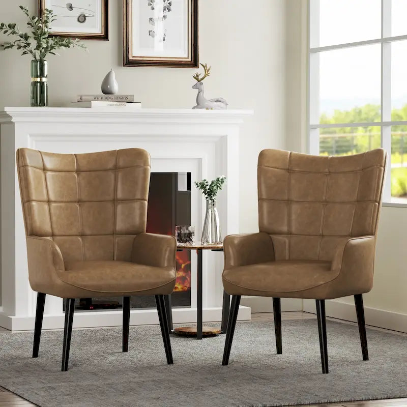 Set of 2 High-Back Tufted Accent Chairs in Cream, Brown, and Taupe 37