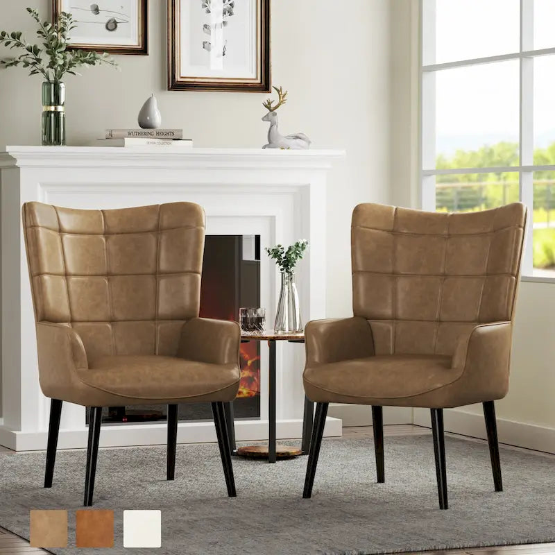 Set of 2 High-Back Tufted Accent Chairs in Cream, Brown, and Taupe 1