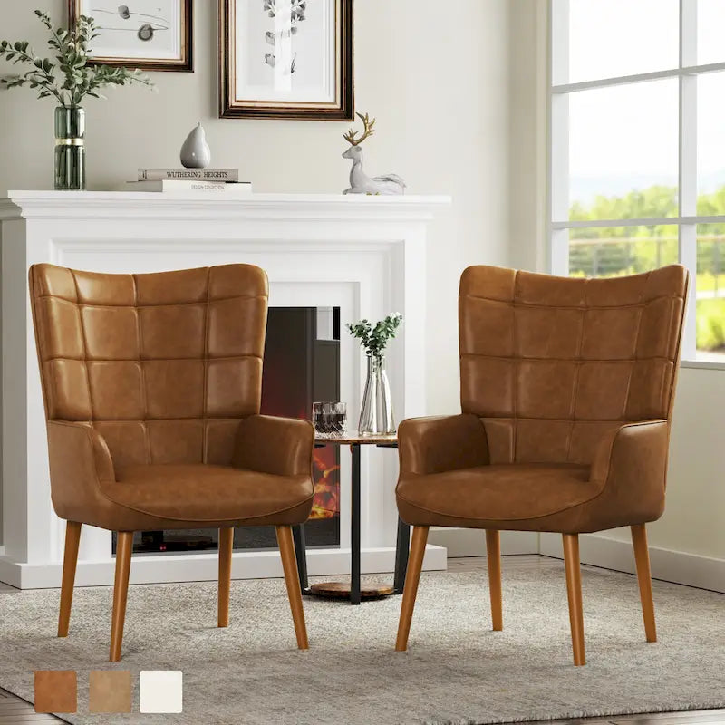 Set of 2 High-Back Tufted Accent Chairs in Cream, Brown, and Taupe 2