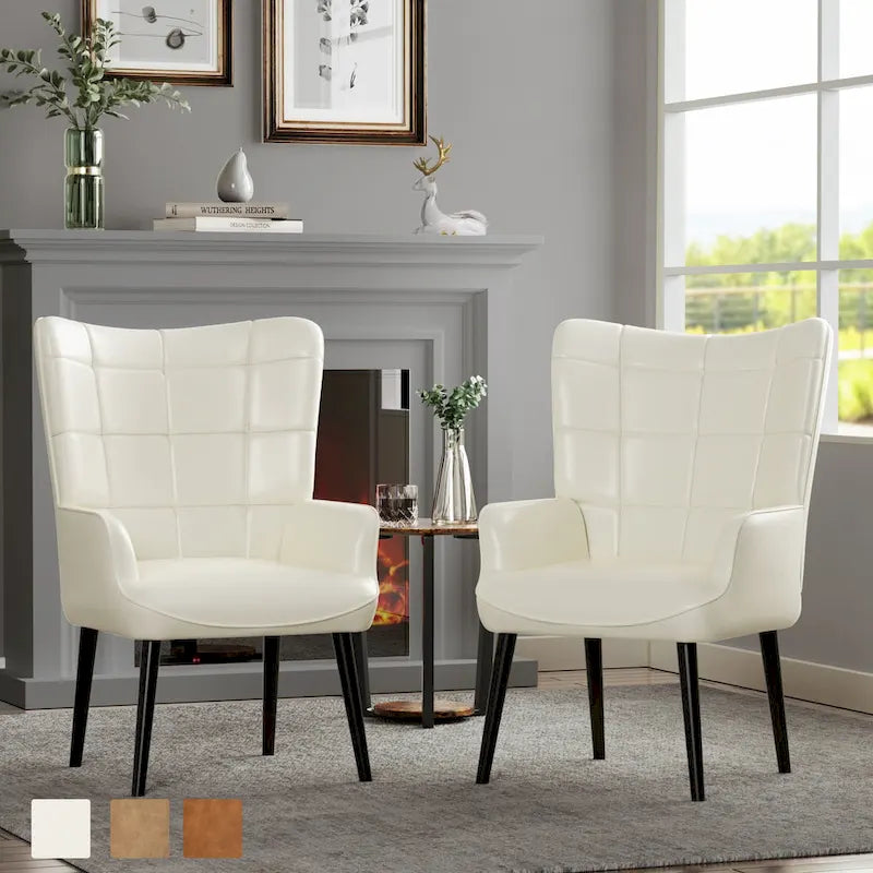 Set of 2 High-Back Tufted Accent Chairs in Cream, Brown, and Taupe 3