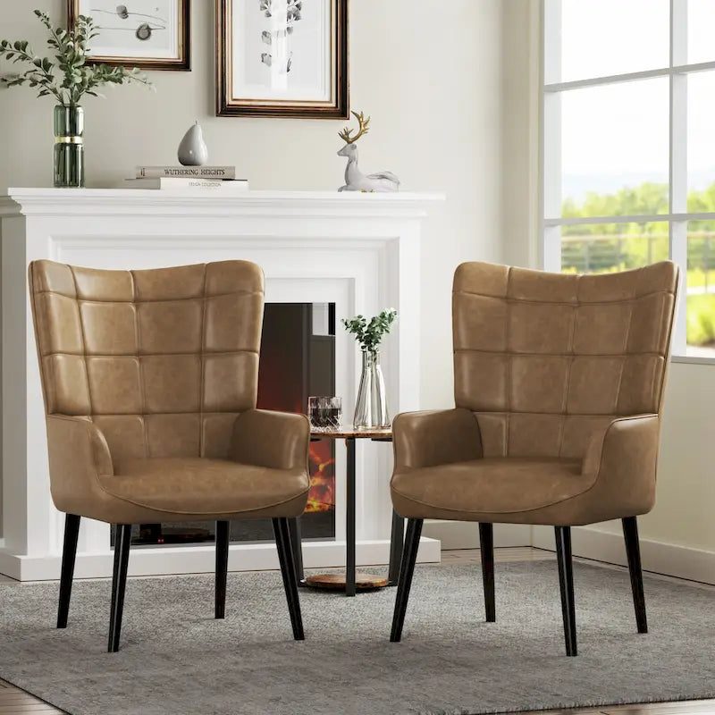 Set of 2 High-Back Tufted Accent Chairs in Cream, Brown, and Taupe 4
