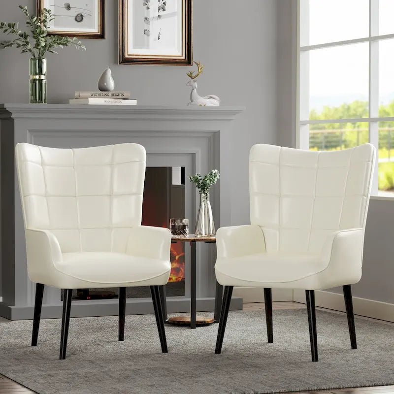 Set of 2 High-Back Tufted Accent Chairs in Cream, Brown, and Taupe 34