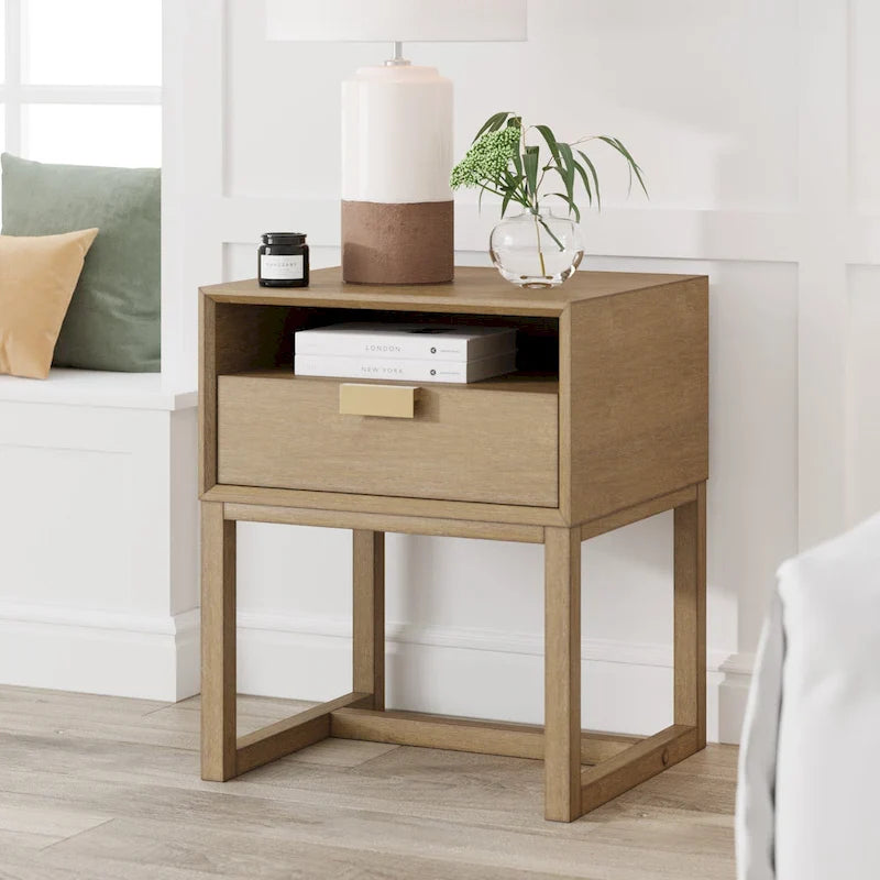 Nathan James Luke Wooden End Table with Storage Drawer and Open Cubby 1