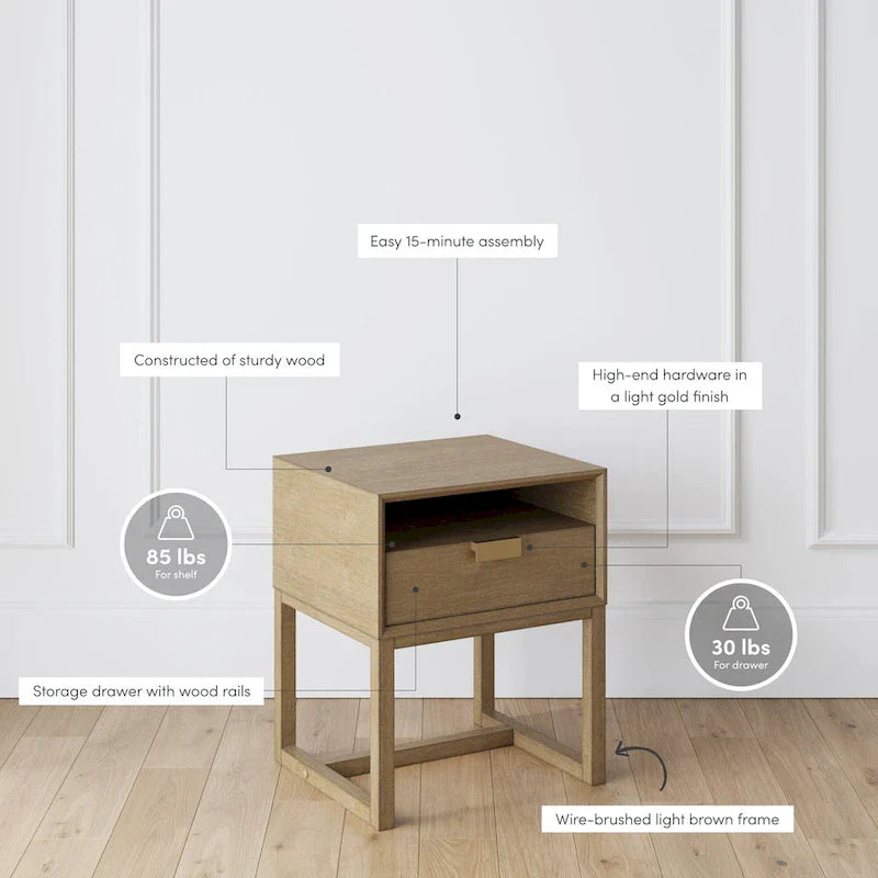 Nathan James Luke Wooden End Table with Storage Drawer and Open Cubby 3