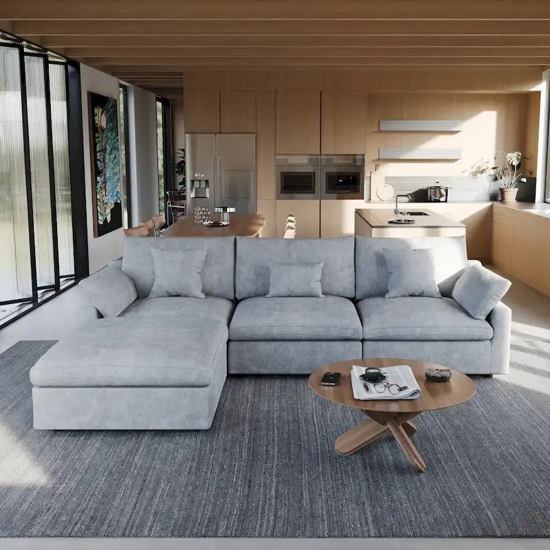 Sectional Couch with L-Shaped Design and Linen Upholstery, Featuring Multiple Cushions 37