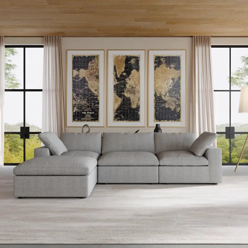 Sectional Couch with L-Shaped Design and Linen Upholstery, Featuring Multiple Cushions 38