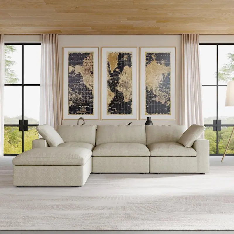 Sectional Couch with L-Shaped Design and Linen Upholstery, Featuring Multiple Cushions 40