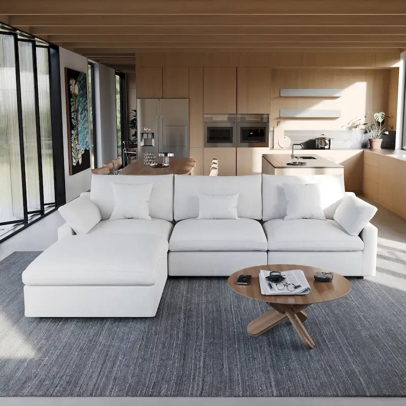 Sectional Couch with L-Shaped Design and Linen Upholstery, Featuring Multiple Cushions 41