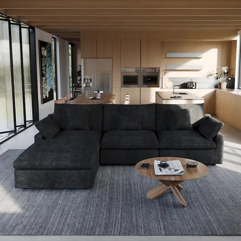 Sectional Couch with L-Shaped Design and Linen Upholstery, Featuring Multiple Cushions 42