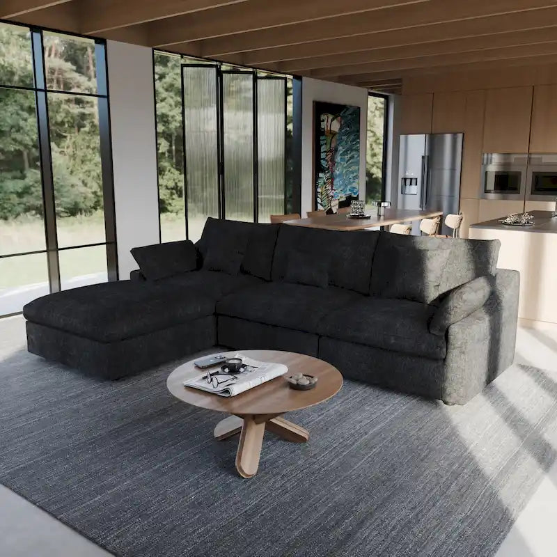 Sectional Couch with L-Shaped Design and Linen Upholstery, Featuring Multiple Cushions 1