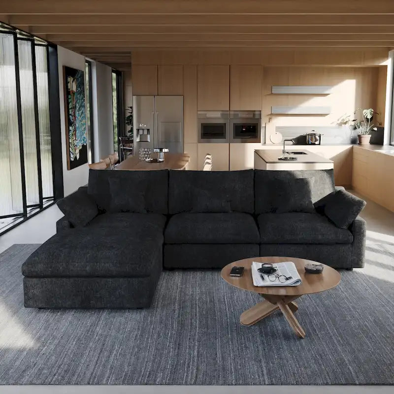 Sectional Couch with L-Shaped Design and Linen Upholstery, Featuring Multiple Cushions 2