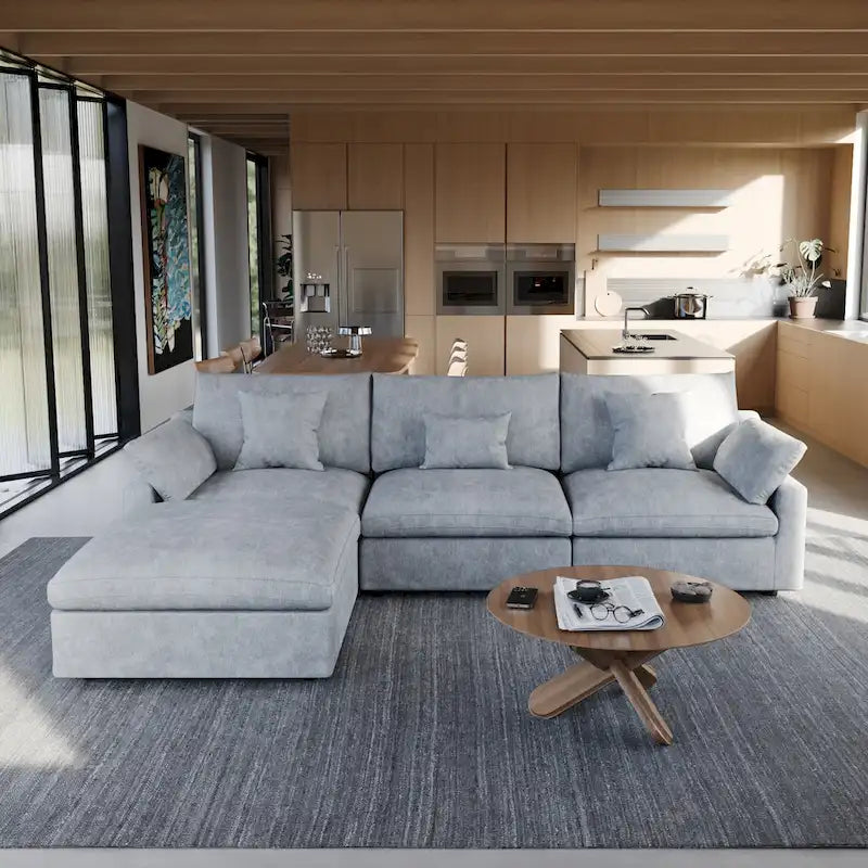 Sectional Couch with L-Shaped Design and Linen Upholstery, Featuring Multiple Cushions 10