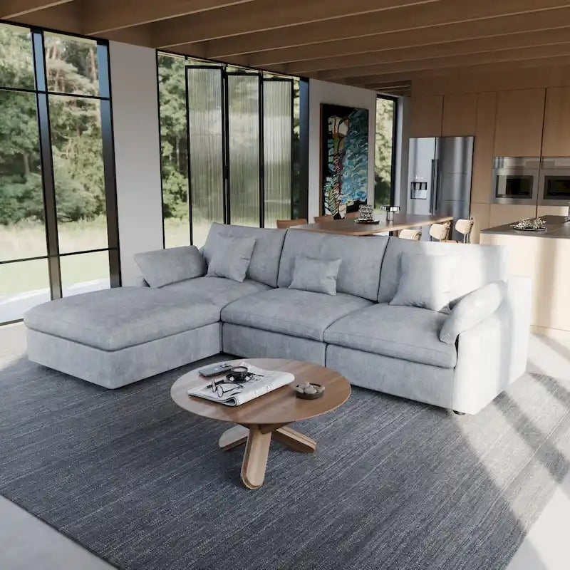 Sectional Couch with L-Shaped Design and Linen Upholstery, Featuring Multiple Cushions 11