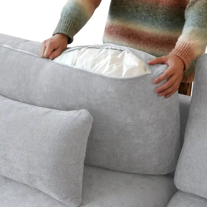 Sectional Couch with L-Shaped Design and Linen Upholstery, Featuring Multiple Cushions 14