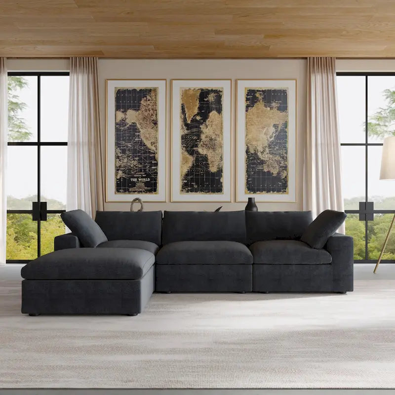 Sectional Couch with L-Shaped Design and Linen Upholstery, Featuring Multiple Cushions 19