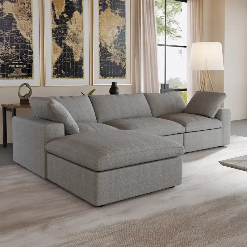 Sectional Couch with L-Shaped Design and Linen Upholstery, Featuring Multiple Cushions 33