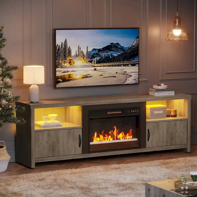 71-Inch TV Stand for 75-Inch TVs with LED Fireplace and Storage Cabinet 46