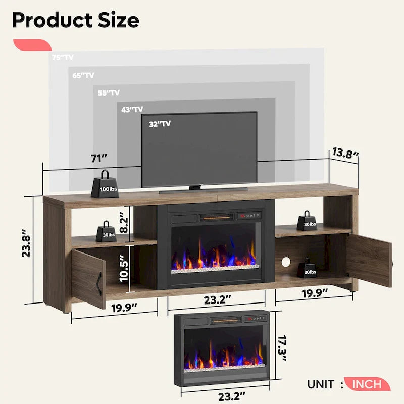 71-Inch TV Stand for 75-Inch TVs with LED Fireplace and Storage Cabinet 9