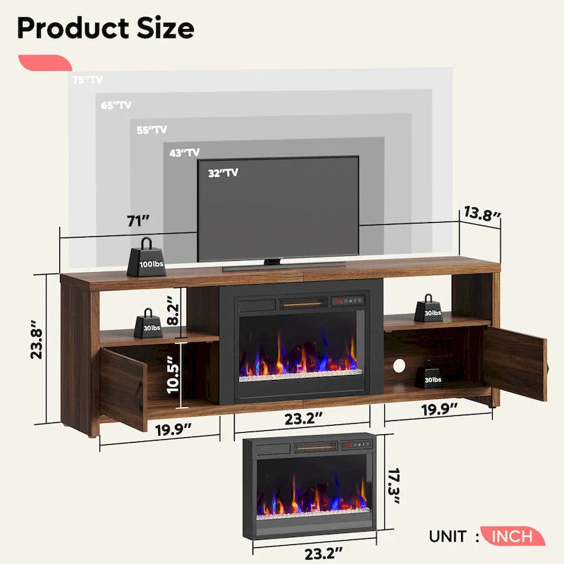 71-Inch TV Stand for 75-Inch TVs with LED Fireplace and Storage Cabinet 21