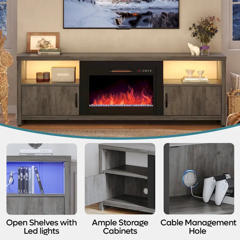 71-Inch TV Stand for 75-Inch TVs with LED Fireplace and Storage Cabinet 34