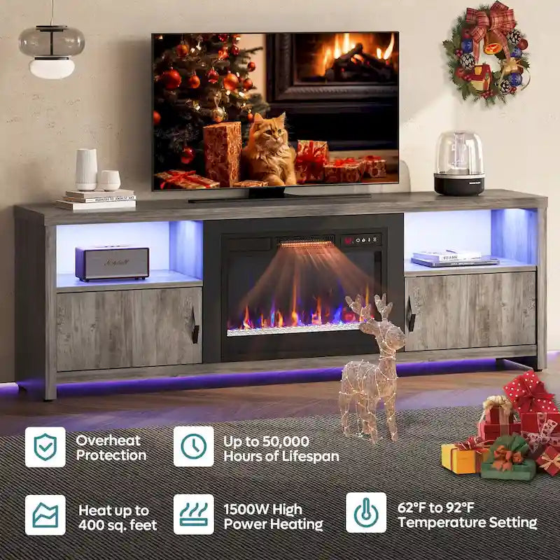 71-Inch TV Stand for 75-Inch TVs with LED Fireplace and Storage Cabinet 35