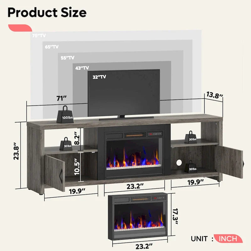 71-Inch TV Stand for 75-Inch TVs with LED Fireplace and Storage Cabinet 36