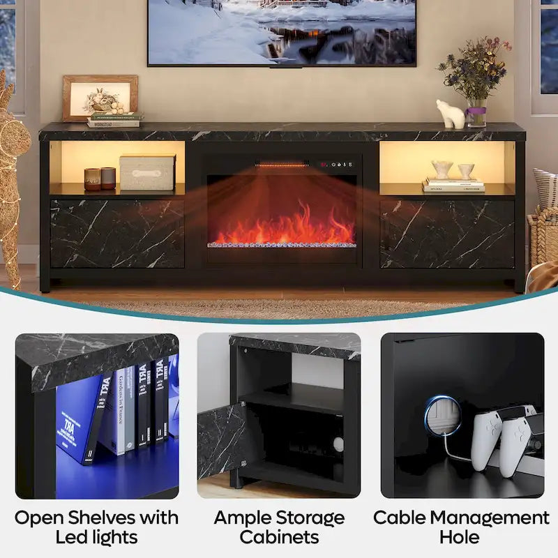 71-Inch TV Stand for 75-Inch TVs with LED Fireplace and Storage Cabinet 44