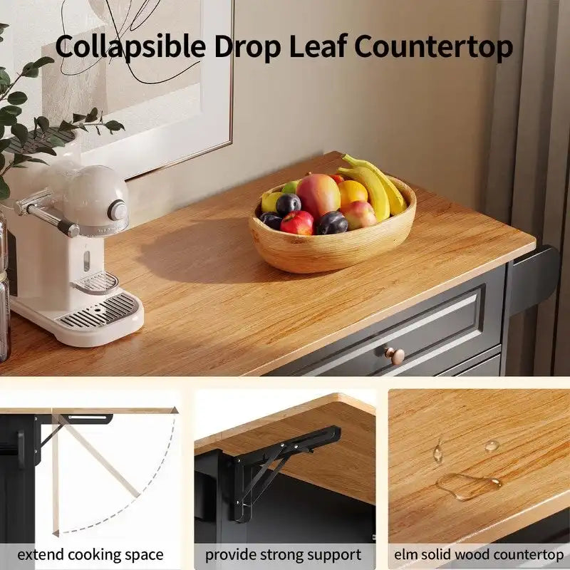 Solid Wood Top Kitchen Island Cart with Locking Wheels 3