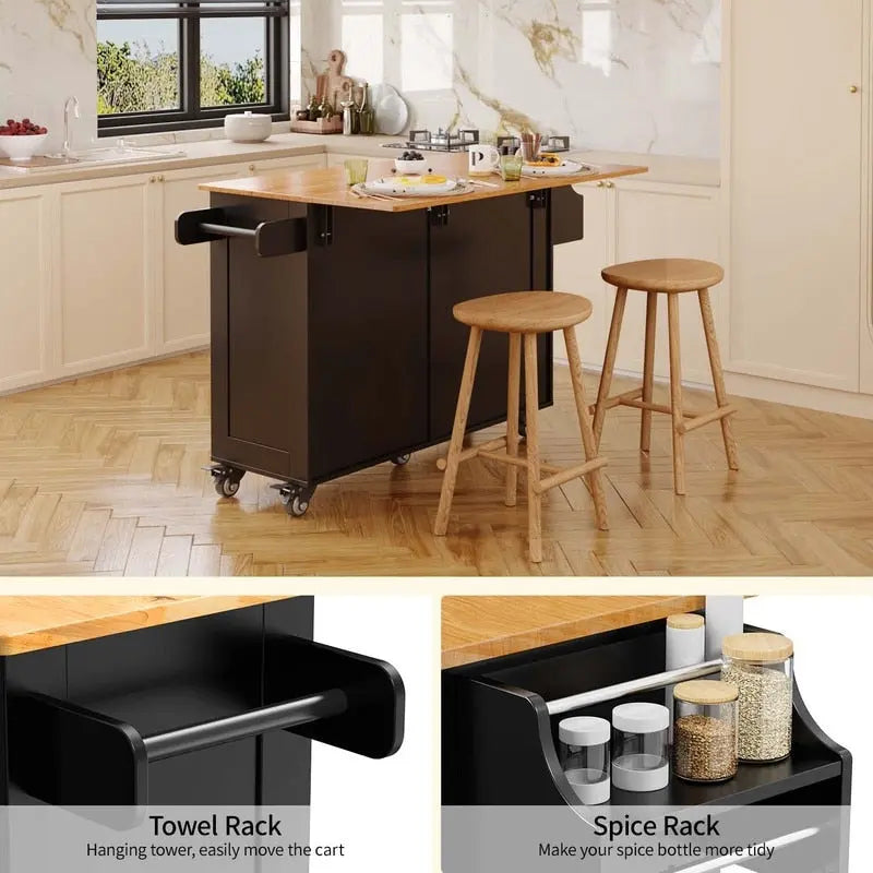 Solid Wood Top Kitchen Island Cart with Locking Wheels 7