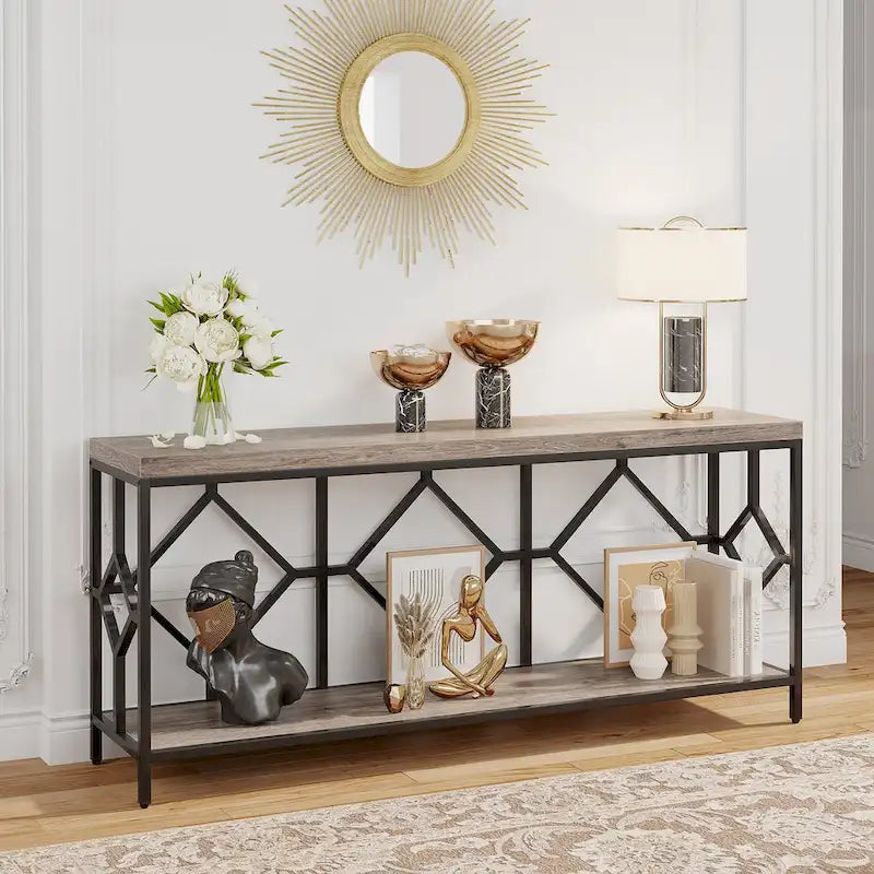 70.9-Inch Industrial Sofa Console Table with Open Storage Shelf - Extra Long Narrow Entry Table for Behind Couch 15