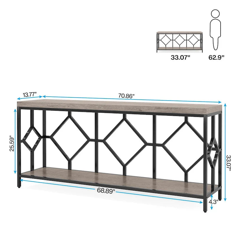 70.9-Inch Industrial Sofa Console Table with Open Storage Shelf - Extra Long Narrow Entry Table for Behind Couch 17