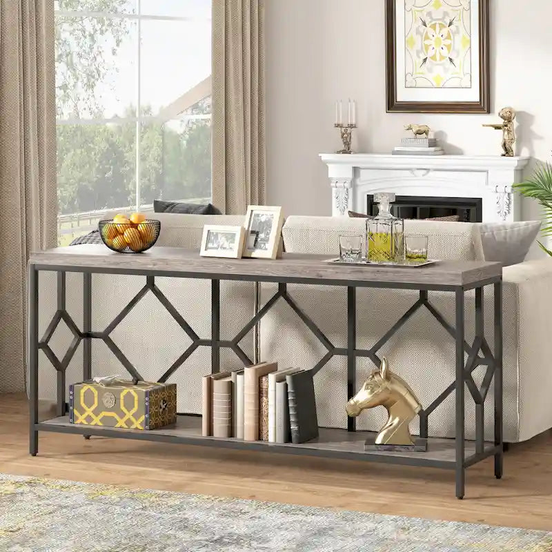 70.9-Inch Industrial Sofa Console Table with Open Storage Shelf - Extra Long Narrow Entry Table for Behind Couch 18