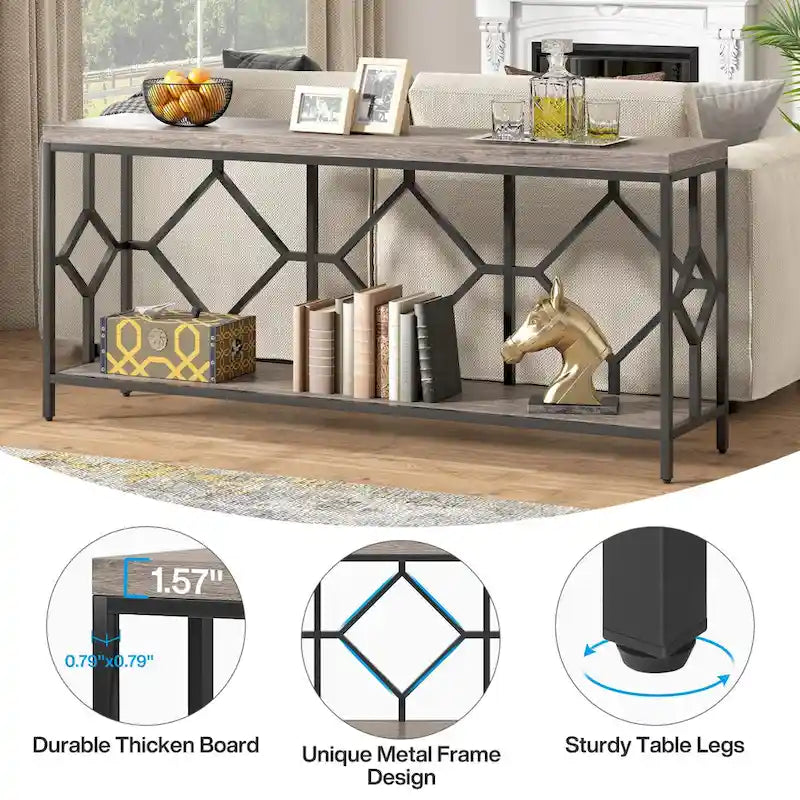 70.9-Inch Industrial Sofa Console Table with Open Storage Shelf - Extra Long Narrow Entry Table for Behind Couch 19