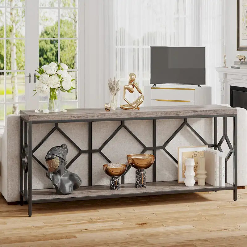 70.9-Inch Industrial Sofa Console Table with Open Storage Shelf - Extra Long Narrow Entry Table for Behind Couch 20