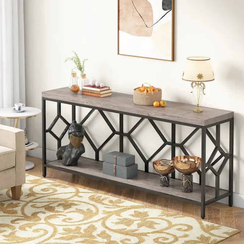 70.9-Inch Industrial Sofa Console Table with Open Storage Shelf - Extra Long Narrow Entry Table for Behind Couch 21