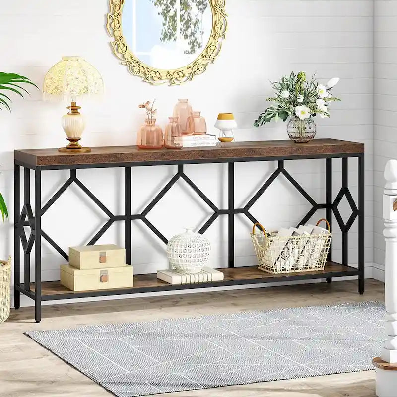 70.9-Inch Industrial Sofa Console Table with Open Storage Shelf - Extra Long Narrow Entry Table for Behind Couch 22