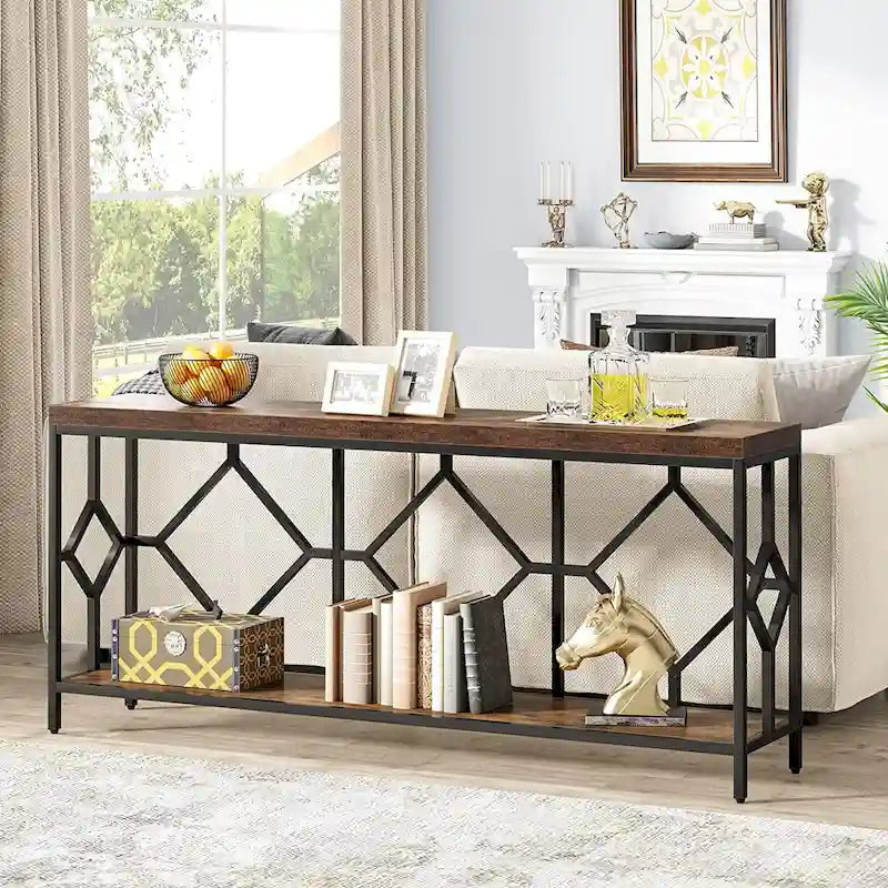 70.9-Inch Industrial Sofa Console Table with Open Storage Shelf - Extra Long Narrow Entry Table for Behind Couch 23