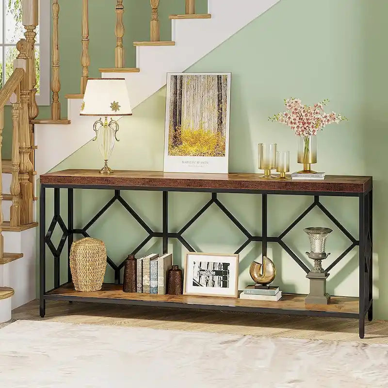 70.9-Inch Industrial Sofa Console Table with Open Storage Shelf - Extra Long Narrow Entry Table for Behind Couch 26