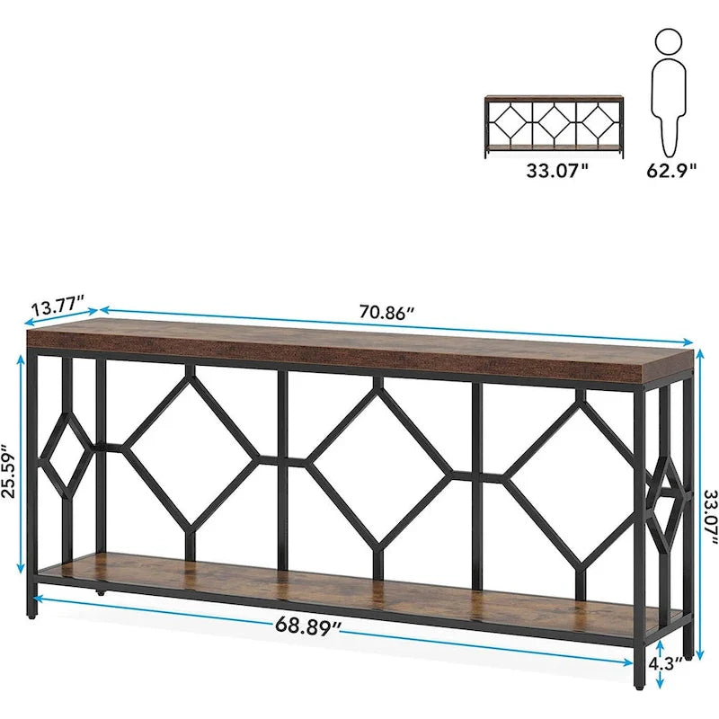 70.9-Inch Industrial Sofa Console Table with Open Storage Shelf - Extra Long Narrow Entry Table for Behind Couch 28