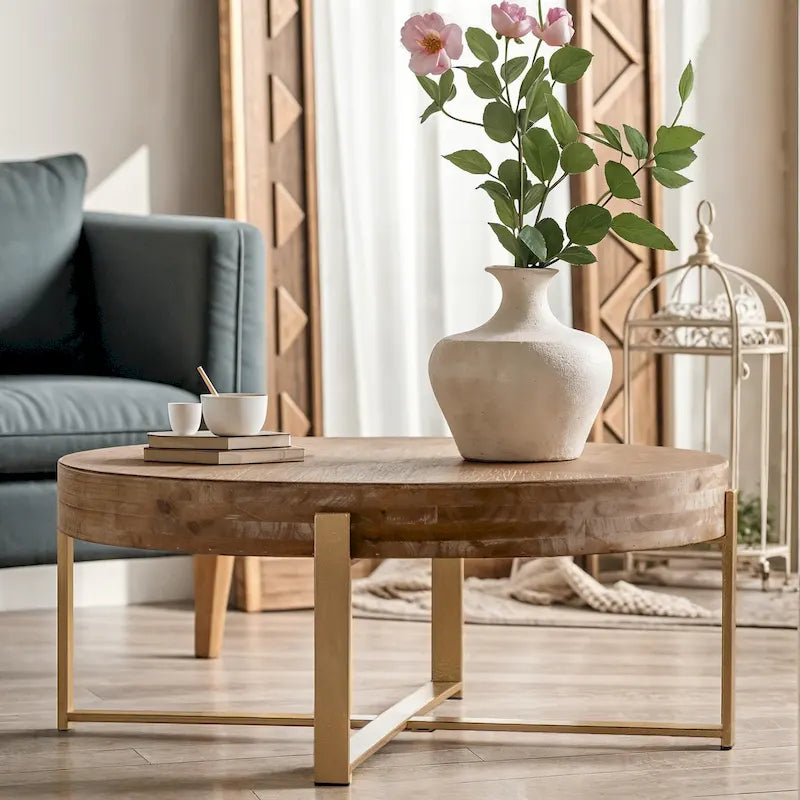 33.86" Modern Retro Round Coffee Table with Cross-Leg Base and Wooden Splicing Design 13