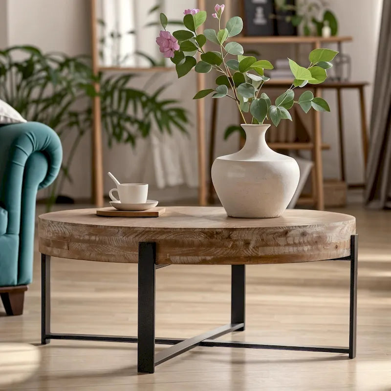 33.86" Modern Retro Round Coffee Table with Cross-Leg Base and Wooden Splicing Design 14