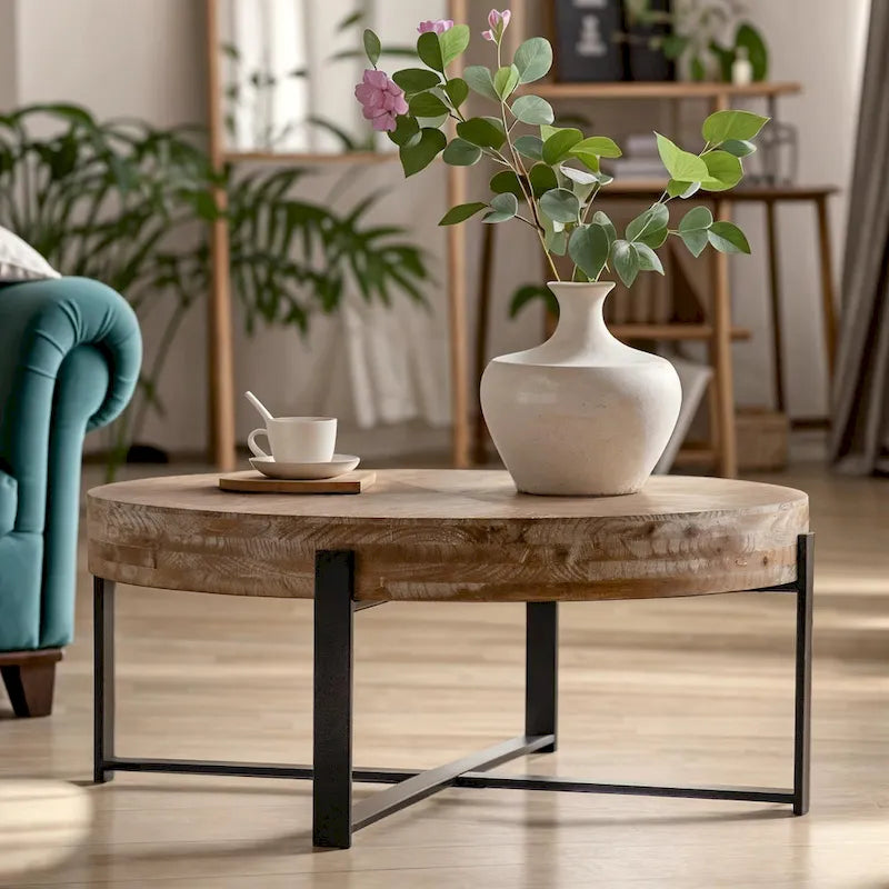 33.86" Modern Retro Round Coffee Table with Cross-Leg Base and Wooden Splicing Design 1