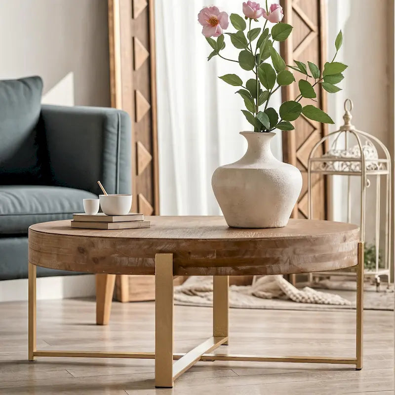 33.86" Modern Retro Round Coffee Table with Cross-Leg Base and Wooden Splicing Design 2