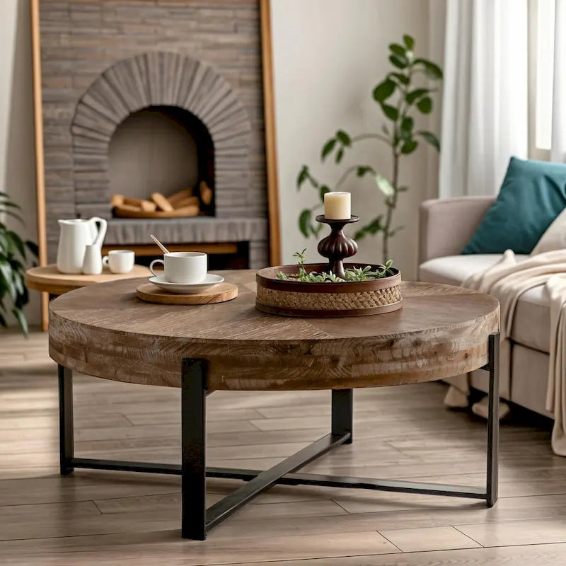 33.86" Modern Retro Round Coffee Table with Cross-Leg Base and Wooden Splicing Design 3