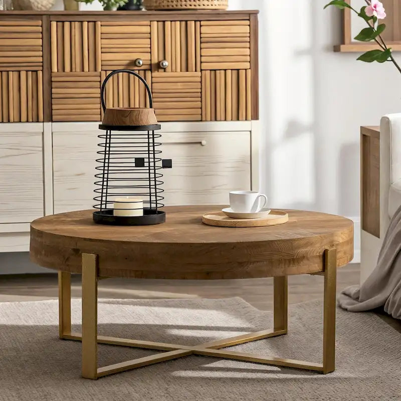 33.86" Modern Retro Round Coffee Table with Cross-Leg Base and Wooden Splicing Design 4