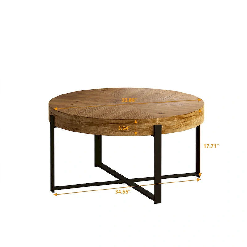 33.86" Modern Retro Round Coffee Table with Cross-Leg Base and Wooden Splicing Design 5