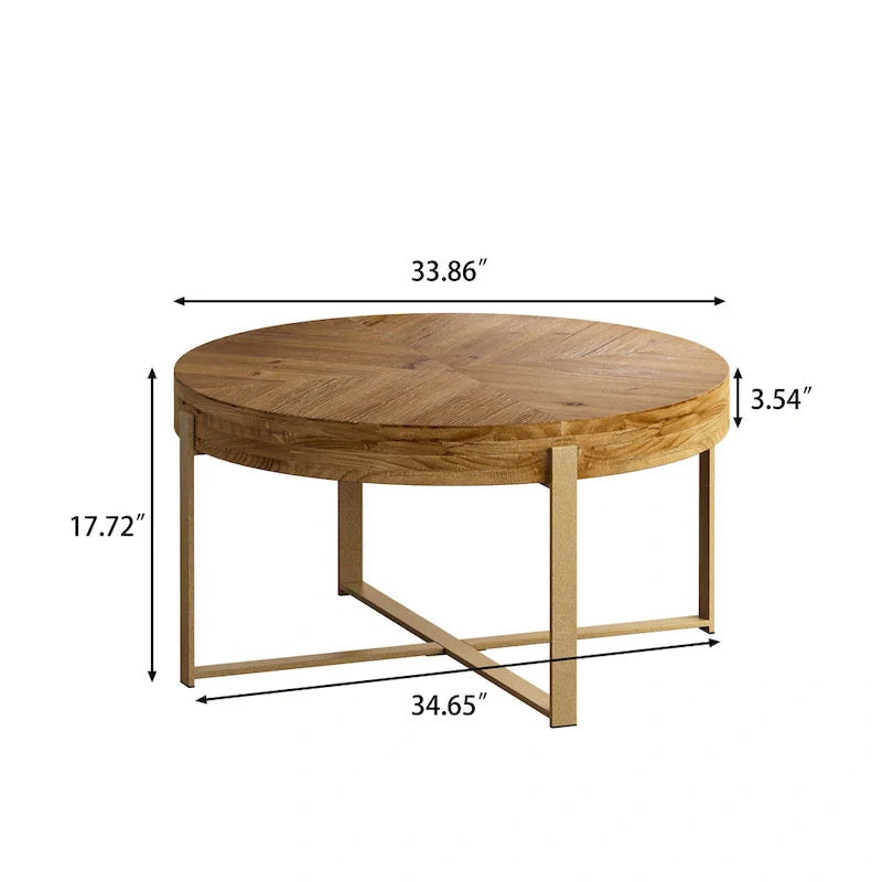 33.86" Modern Retro Round Coffee Table with Cross-Leg Base and Wooden Splicing Design 9