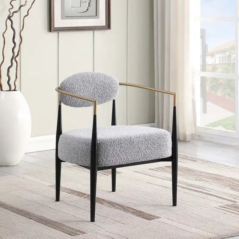 Plush Boucle Dining Chair with Thick Cushion and Elegant Metal Frame for Living Room 34